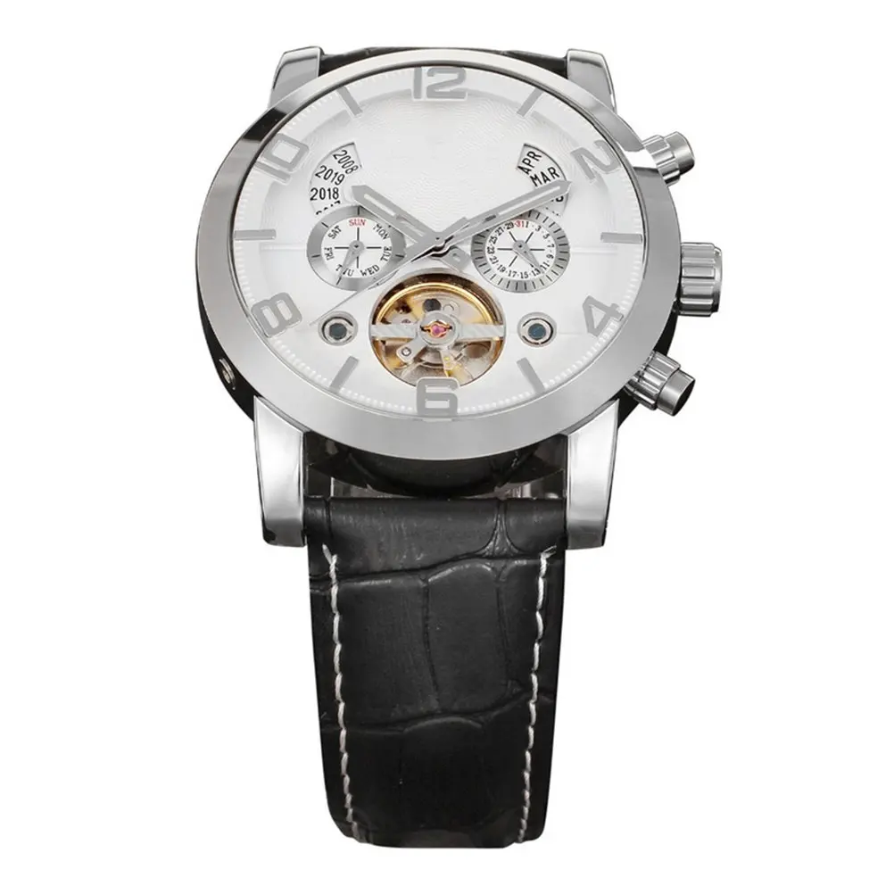 

Men's Automatic Mechanical Wrist Watch Silver White Stainless Steel PU Band Time Date Week Display Casual Dress Watch for Men