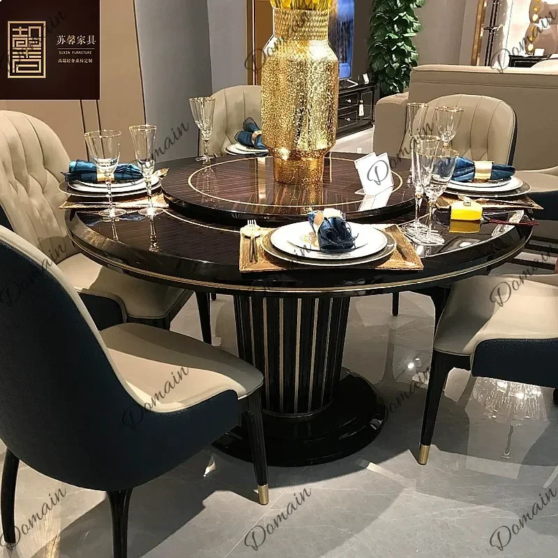 VP Italian Round Dining Table Modern Minimalist Luxury Dining Chair Set Solid Wood Table with Lazy Susan Home Genuine Leather