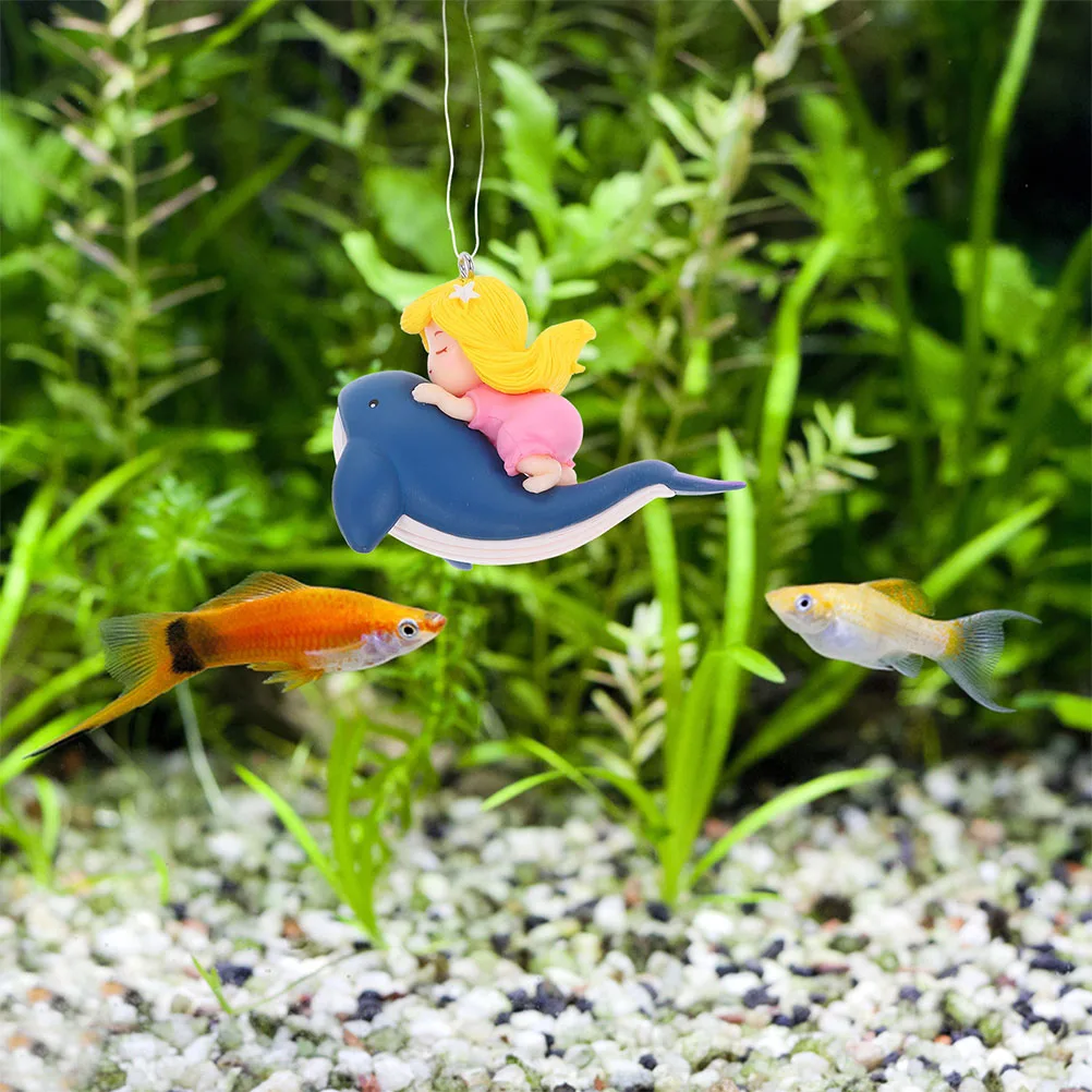

2 Pcs Whale Riding Girl Ornaments Betta Fish Tank Diver Aquarium Floating Decorations Bubbler Resin Statue