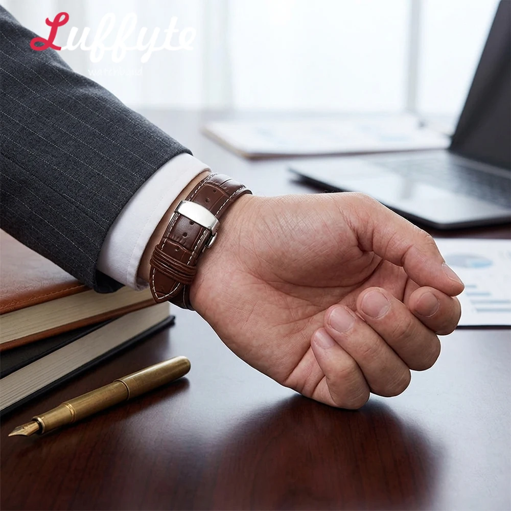 Herren Casual Geprägtes Leder-Uhrenarmband 18/19/20/21/22/24mm mit Klassischem Schmetterlingsverschluss Business-Stil Ersatz-Uhrenarmband