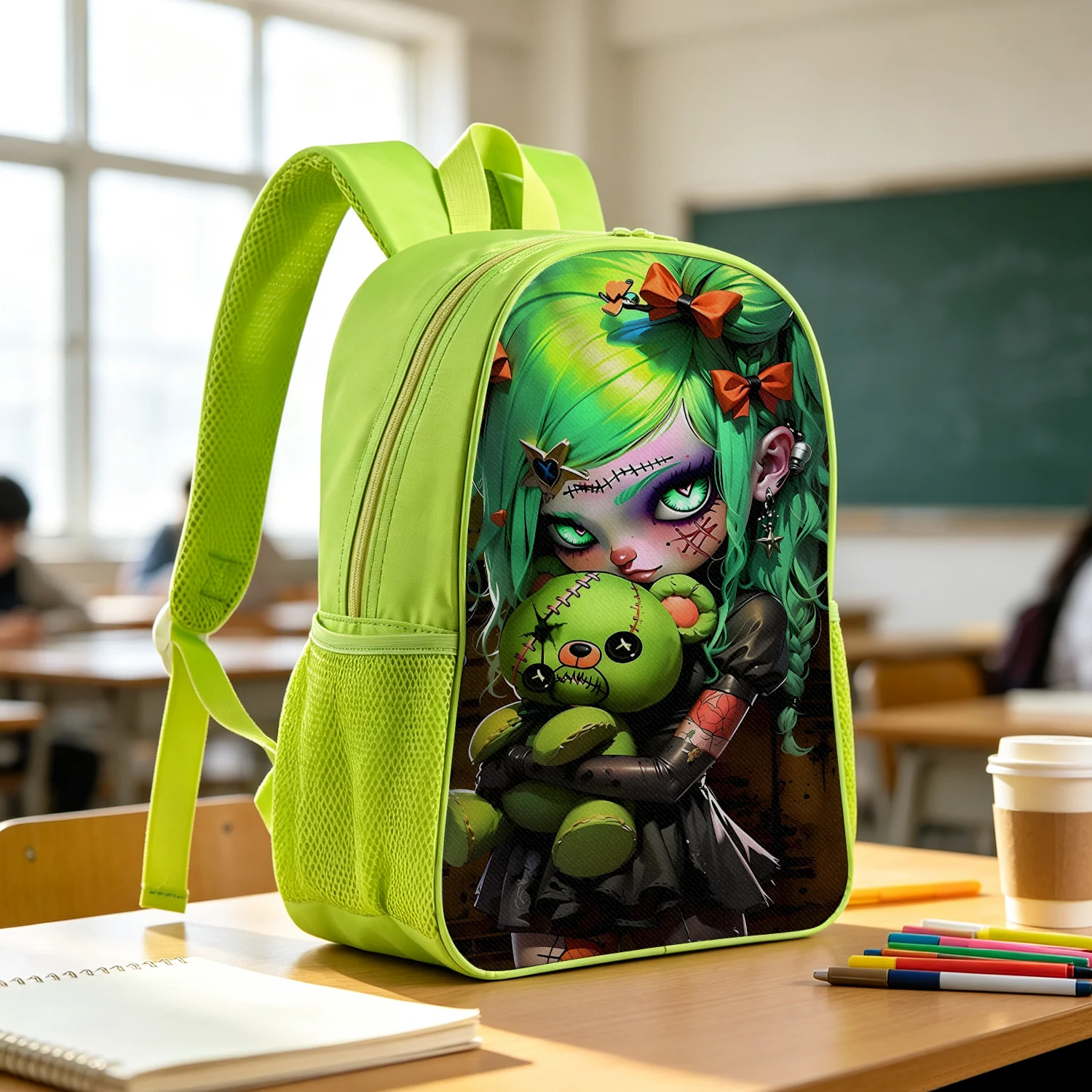 Spooky Green Gothic Doll Backpack Lightweight School Bookbag with Bear Bow Stitch Print Adjustable Padded Straps
