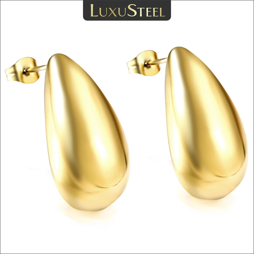 LUXUSTEEL Vintage Water Drop Charm Stud Earrings For Women Golden Plated Stainless Steel Statement Wedding Ear Jewelry Gift New