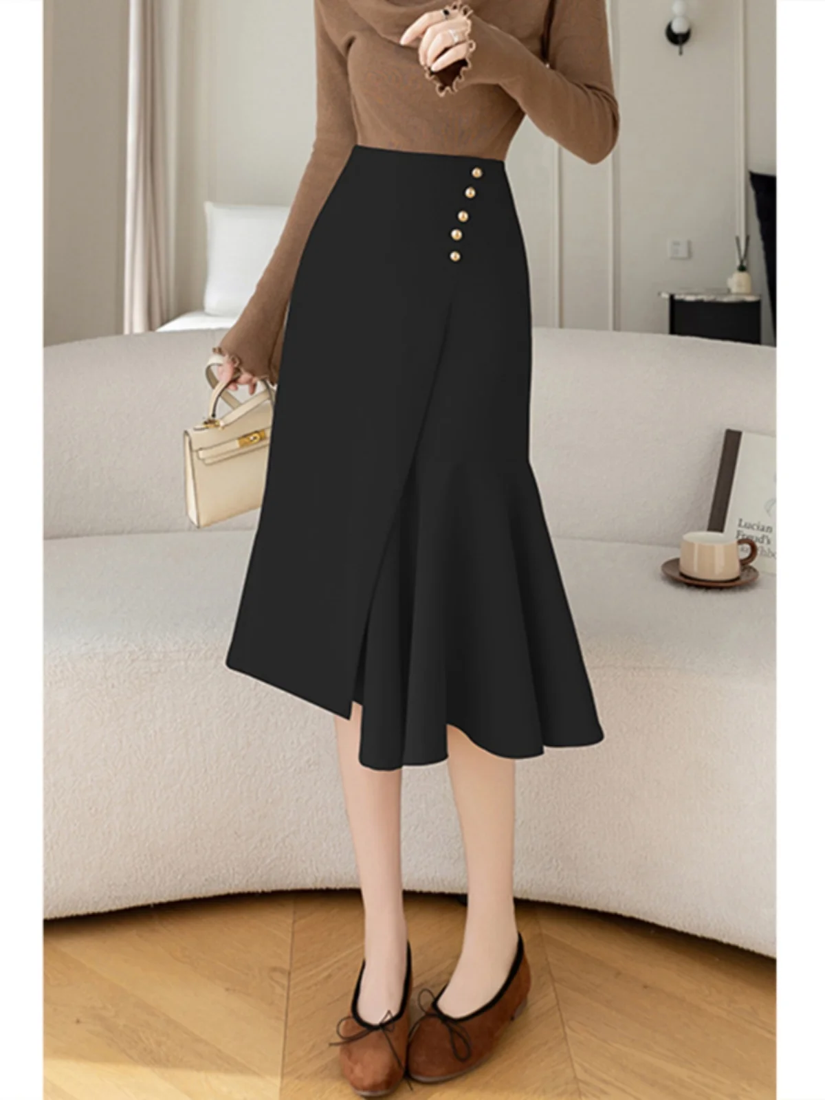 

Asymmetric High Waist Fish Tail Skirt Women's Commute Style Midi Skirt Spring New Arrival Elegant Polyester Fiber Zipper Closure