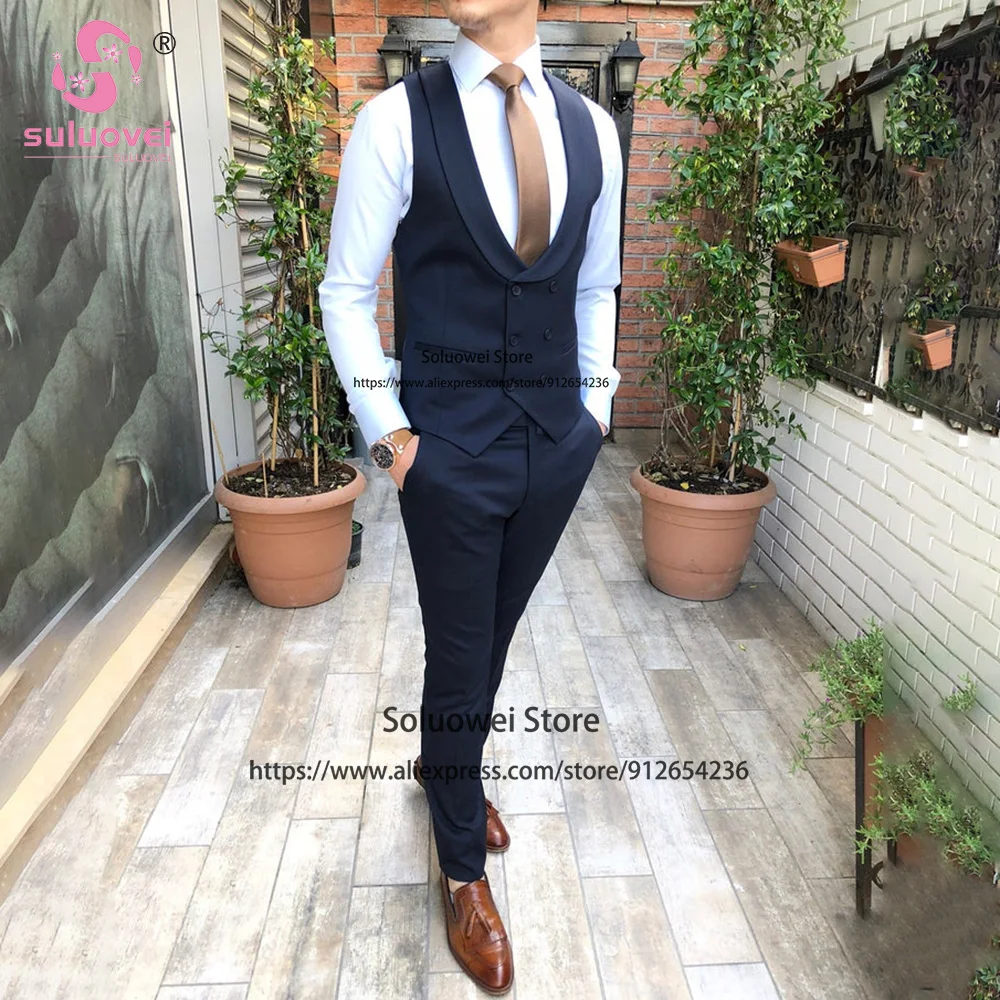 Fashion Peaked Lapel Suits For Men Slim Fit 3 Piece Jacket Vest Pants Set Male Business Blazer Formal Groom Wedding Party Tuxedo