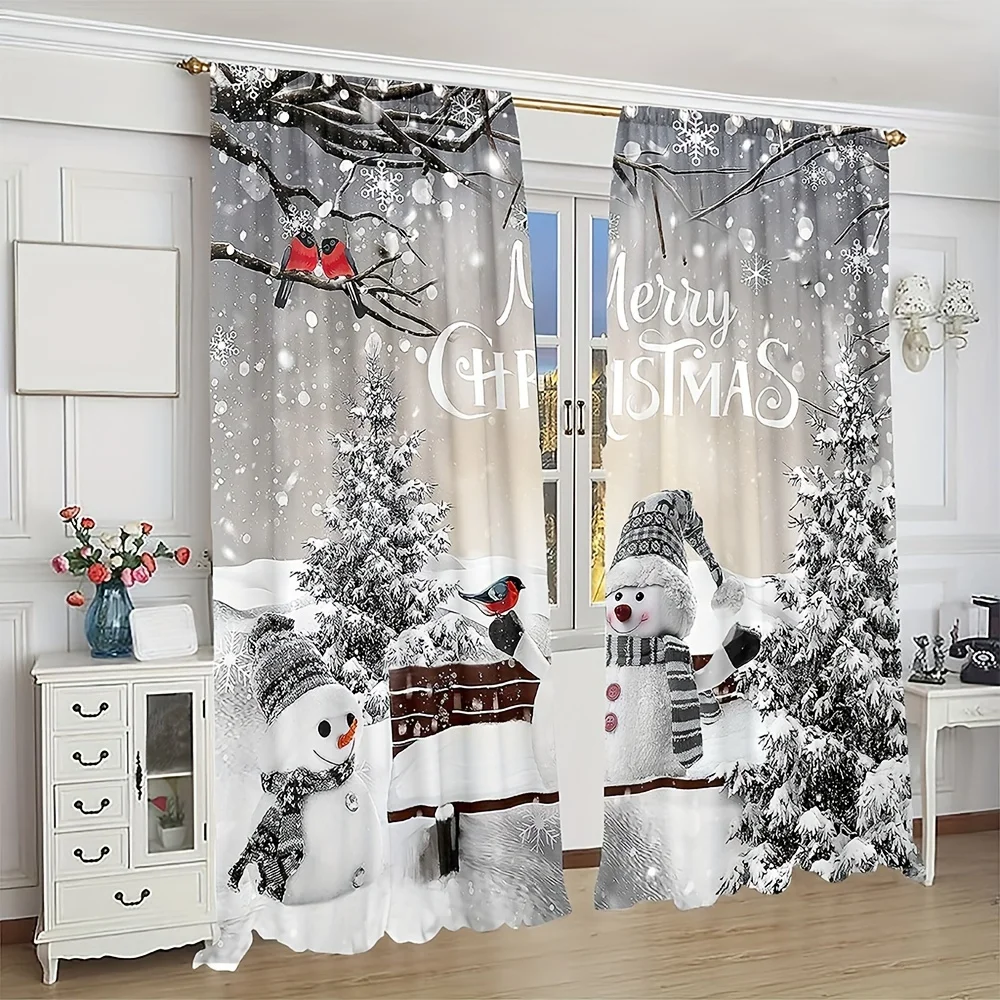 2 Piece Christmas Snow Curtain Winter Cute Snowman Grey & White Tone Living Room Bedroom Kitchen Christmas Decorative Curtains