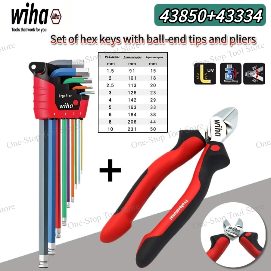 WIHA 43850 9Pcs Hex L Key Set Free Wire Stripping Pliers 26707/43334/26719 Electric Repair Tool