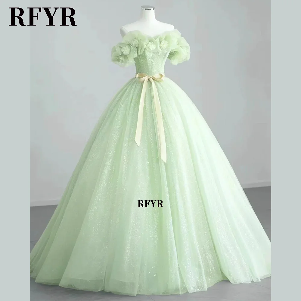 

RFYR Off Shoulder Prom Gown with Flowers Puffy Party Gown with Belt Elegant Evening Gown A Line Celebrity Dresses Customized