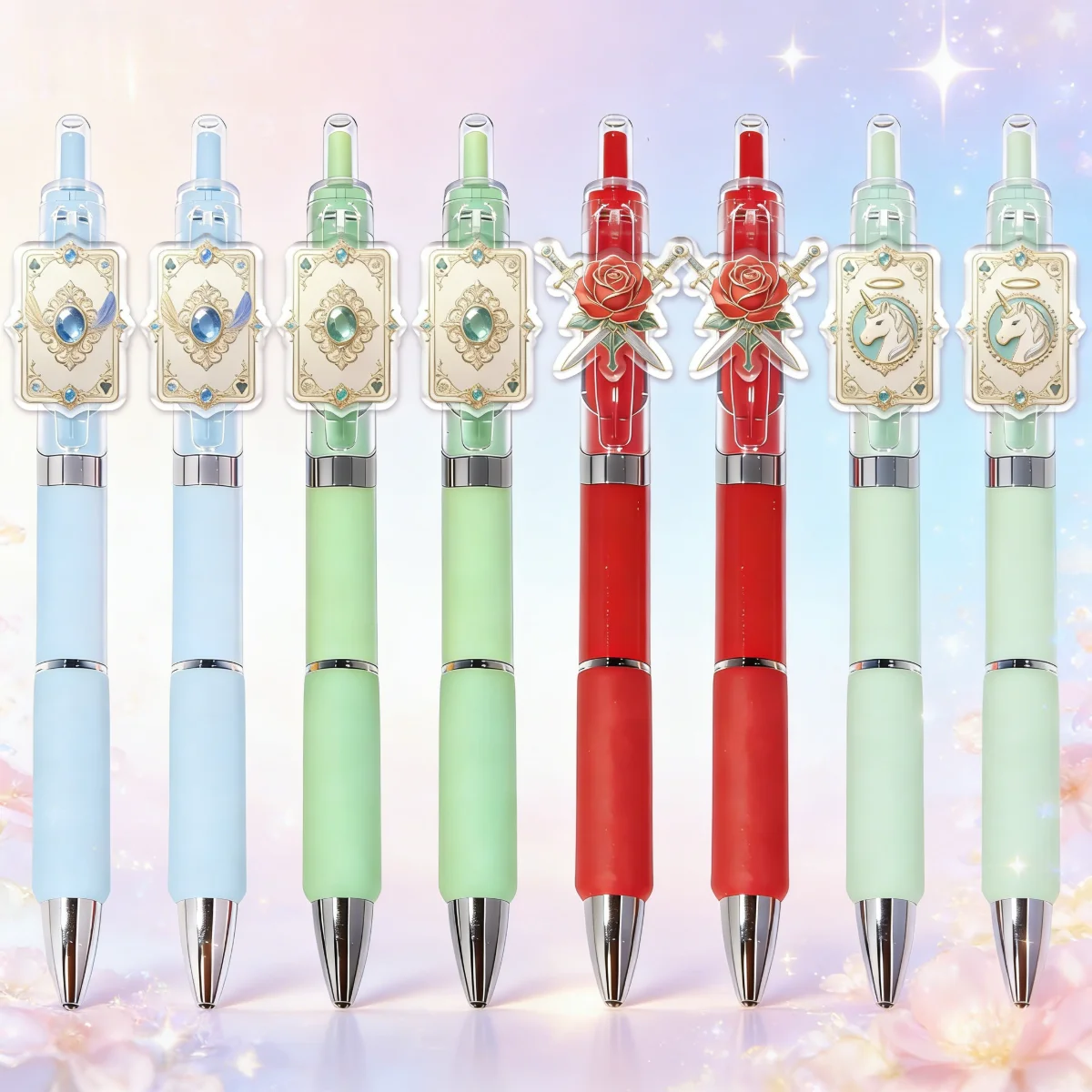 

8/12 Pcs Fantasy Card Shaped Writing Pens, Rose Knight Guardian Series, Colored Ballpoint Pens, School Gift Pens