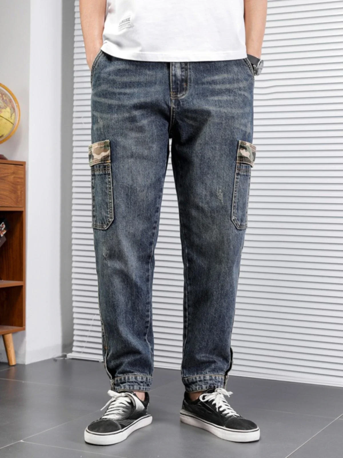 

Pop Four Seasons New Men's American Loose Straight Plus Size Multi Pocket Jeans Pants Vintage Denim Jogger Trousers Male Streetw