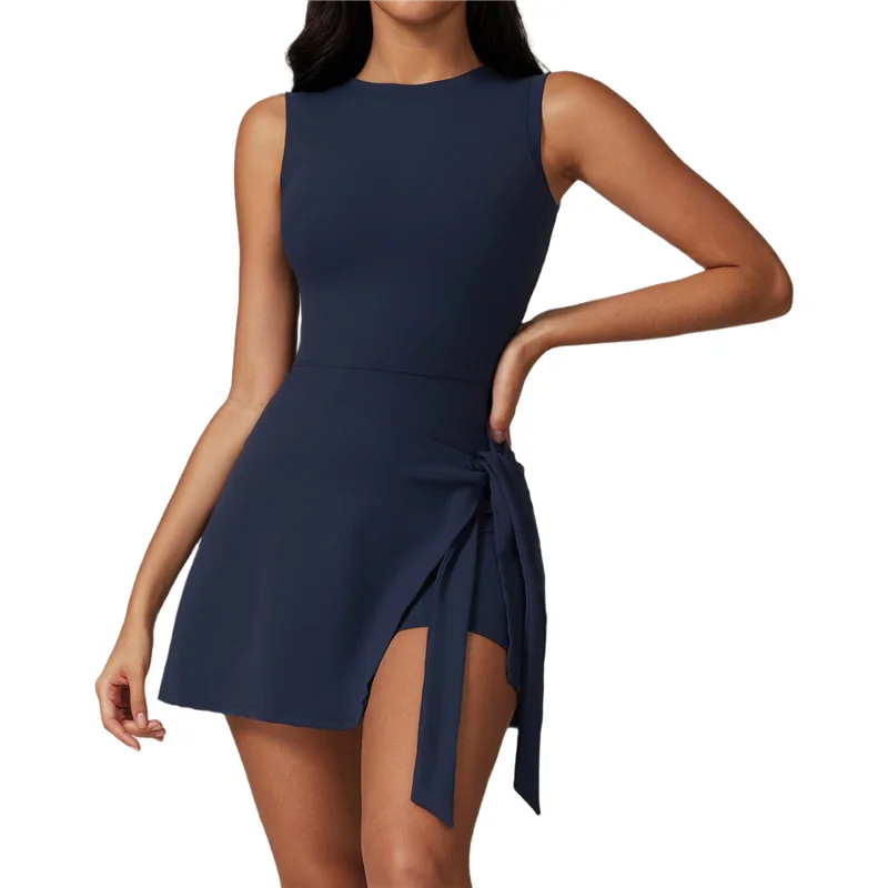 

A09P Womens High Neck Tennis Dress Sleeveless Wrap Skirt Built In Shorts Golf Athletic Dress
