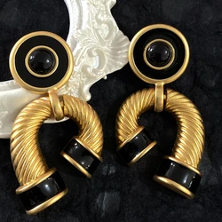 European and American Fashion Retro Lucky Horseshoe Pendant Black Enamel Exaggerated Earrings