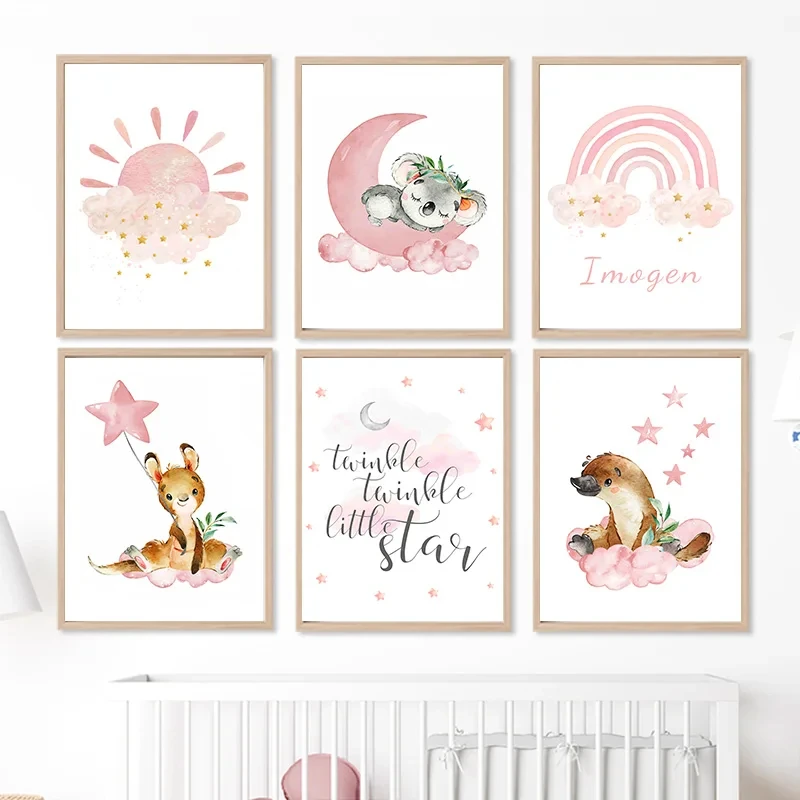 Nursery Wall Art Canvas Painting, Pink, Sun, Moon, Rainbow, Koala, Deer Posters and Prints, Cartoon Pictures, Baby Kids Room Dec