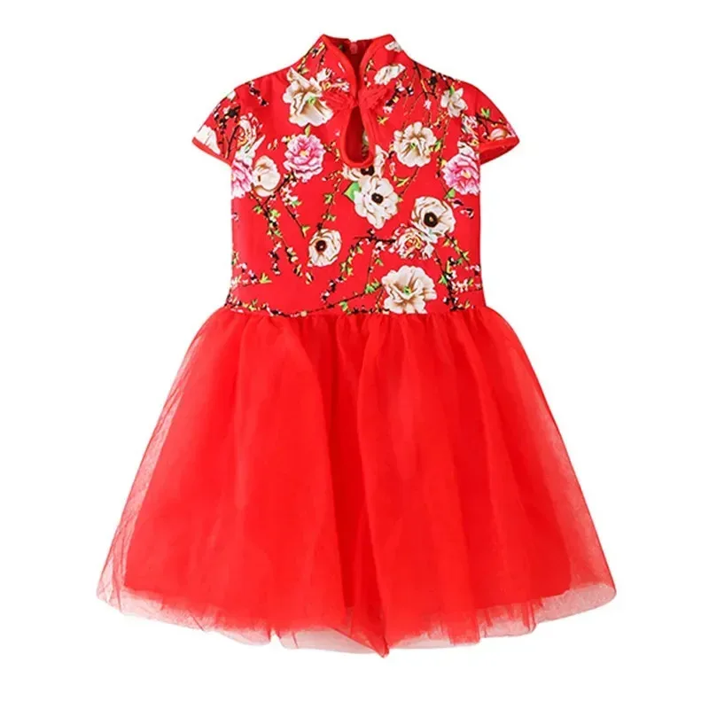 

Summer Red Chinese Style Dress Girl Qipao Performance Children Clothing Vestidos Fashion Cheongsam Mesh Kids Princess Dresses