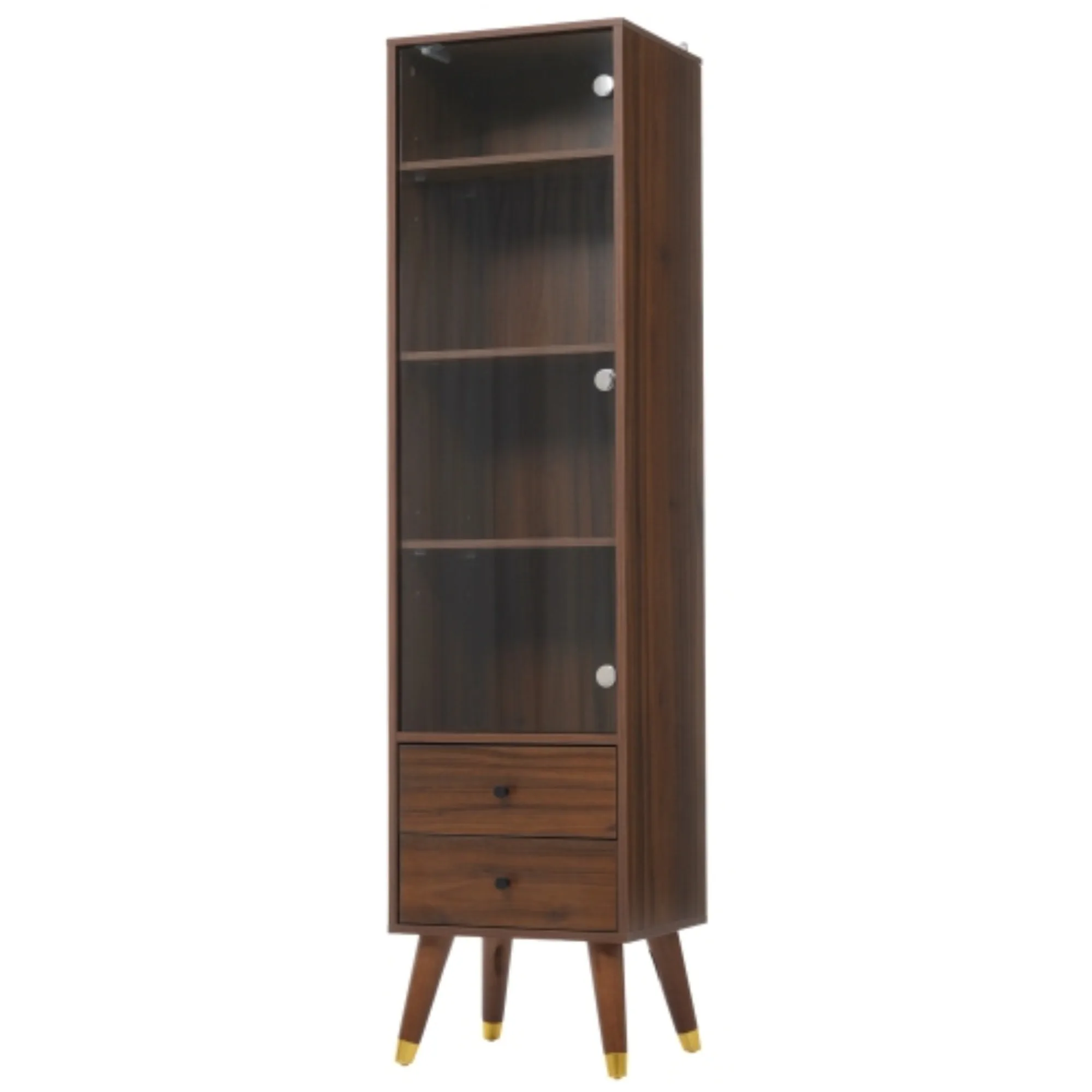 Vitrine moderne à portes vitrées hautes avec étagères réglables et 2 tiroirs, armoire de rangement autoportante pour salon, salle de bain et bureau, finition en bois de noyer
