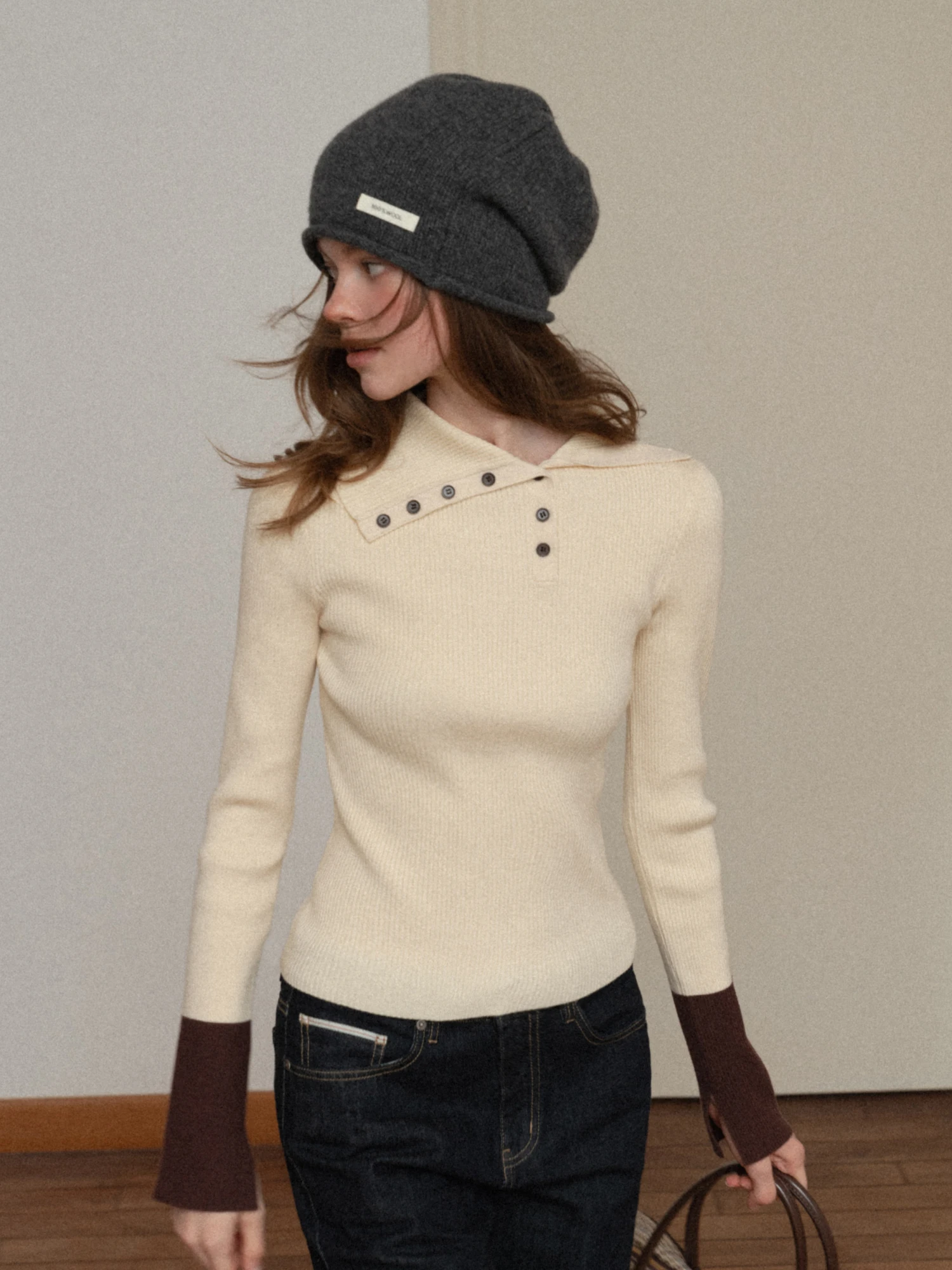 

Eggka Color Block Asymmetrical Collar Slim Fit Knitwear Long Sleeve Women's Base Shirt Outerwear Casual Style Comfortable