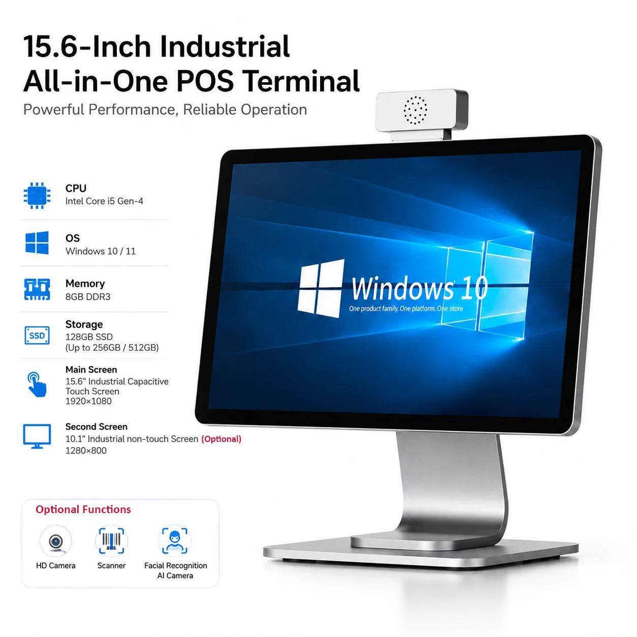 All‑in‑One POS Terminal, Windows 10/11, i5 Gen-4, 8GB+128GB, 15.6‑Inch Industrial Capacitive Touch Screen for Retail & Business