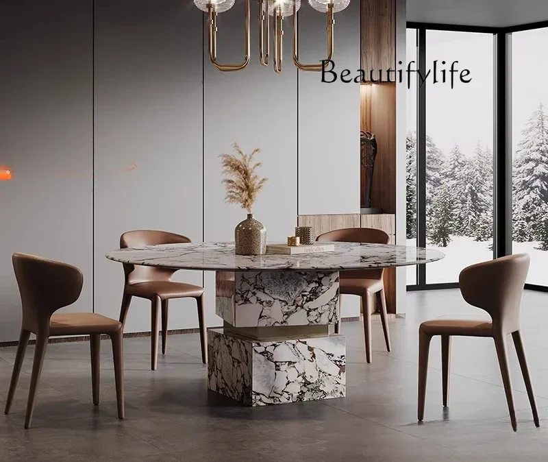 

C10 Natural Marble Dining Table Round Table Italian Light Luxury Simple Dining Table And Chair Combination Post-modern Round