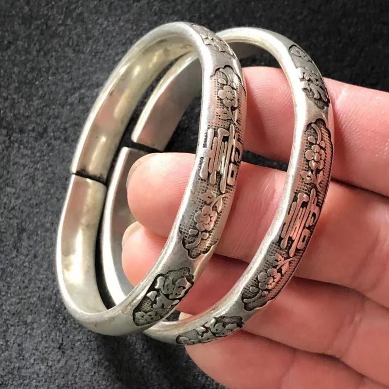 Tibetan Miao Open Vintage Ethnic Style Fortune Prosperity Longevity Silver Bracelet Jewelry
