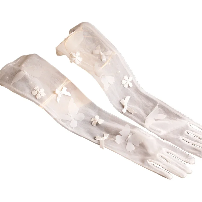 1 par de guantes de novia para boda, cubiertas de codo con diseño de plumas y lazo de flores con cuentas de perlas, accesorios para vestido de fiesta de novia para mujer