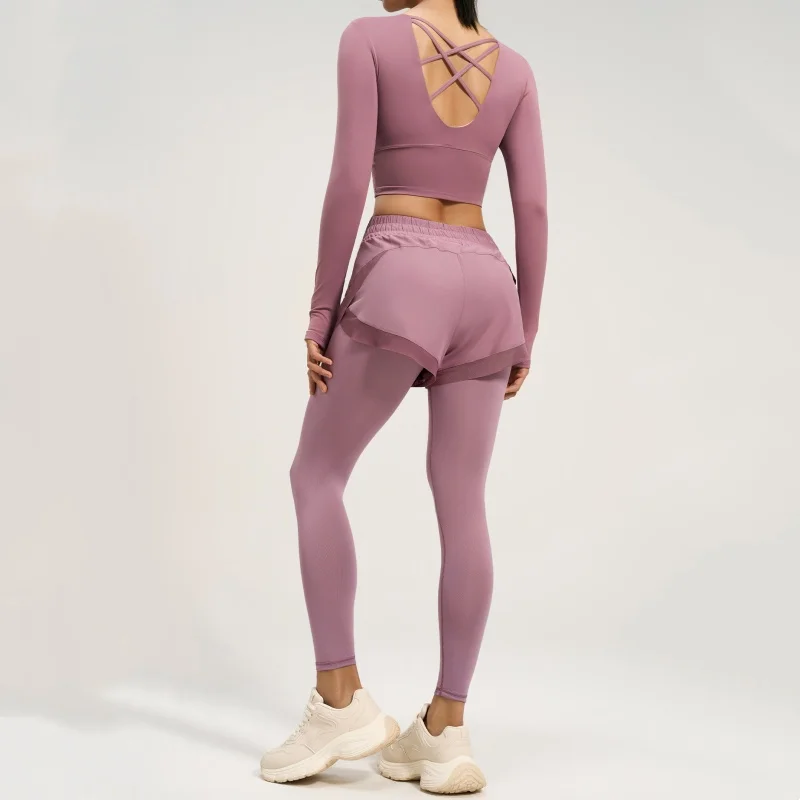 Fake Two-pieces Fitness Running Tight Pants for Women Elastic Nude Pocket Design Yoga Pants High Waist Hip Lifting Sportswear