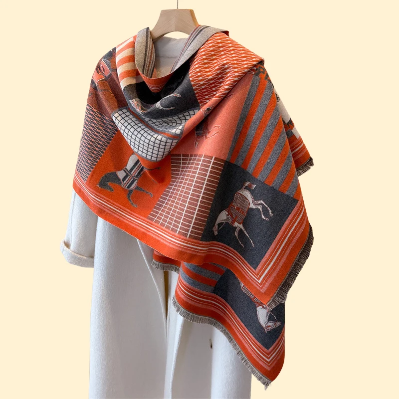 

Зимний шарф с принтом лошади, женский имитация кашемира, теплый платок из пашмины, женские шарфы, женские толстые мягкие шали, одеяло