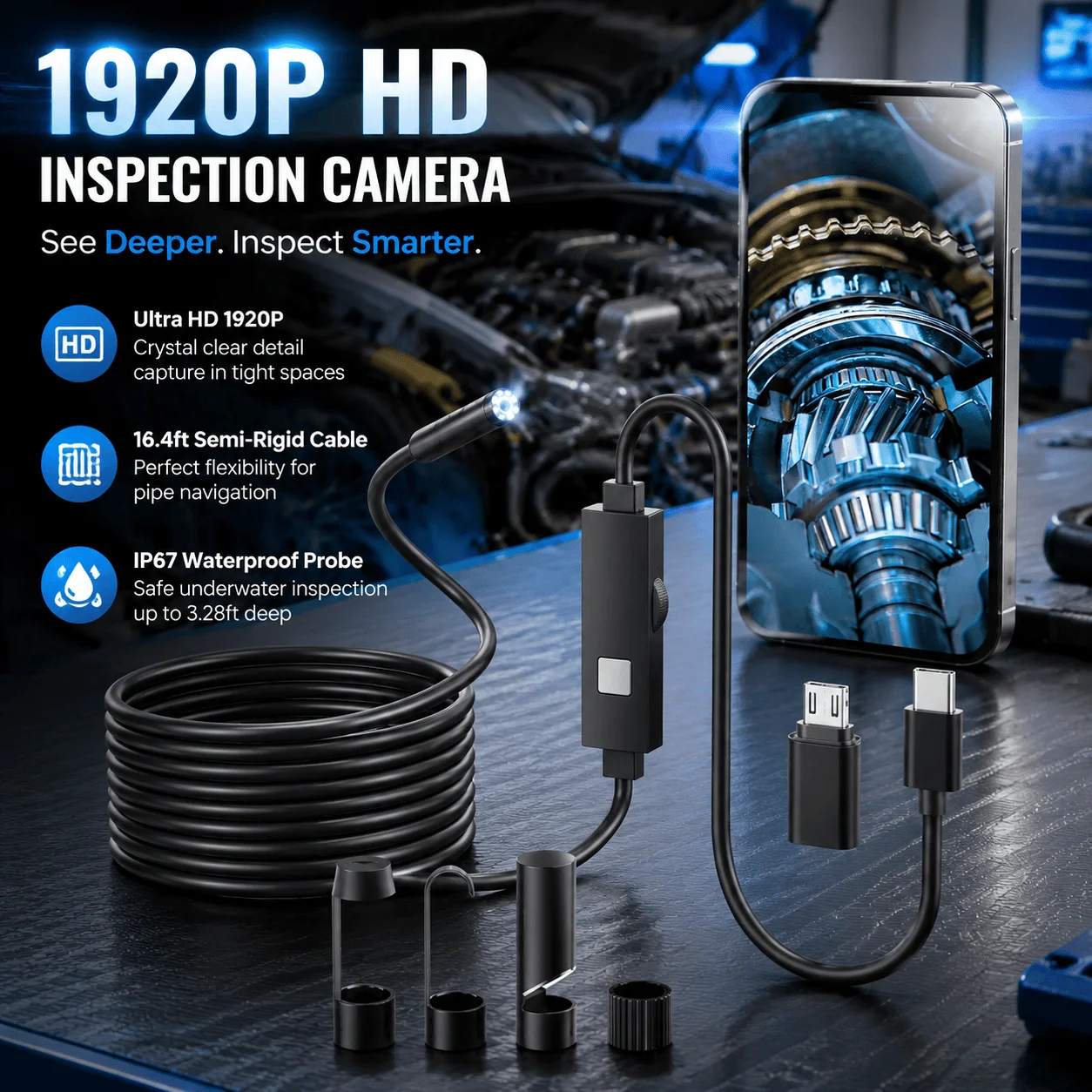 1920P Endoscope Camera IP67 Waterproof Inspection Borescope 16.4ft Cable Snake Camera For Android iPhone Automotive Sewer Pipe