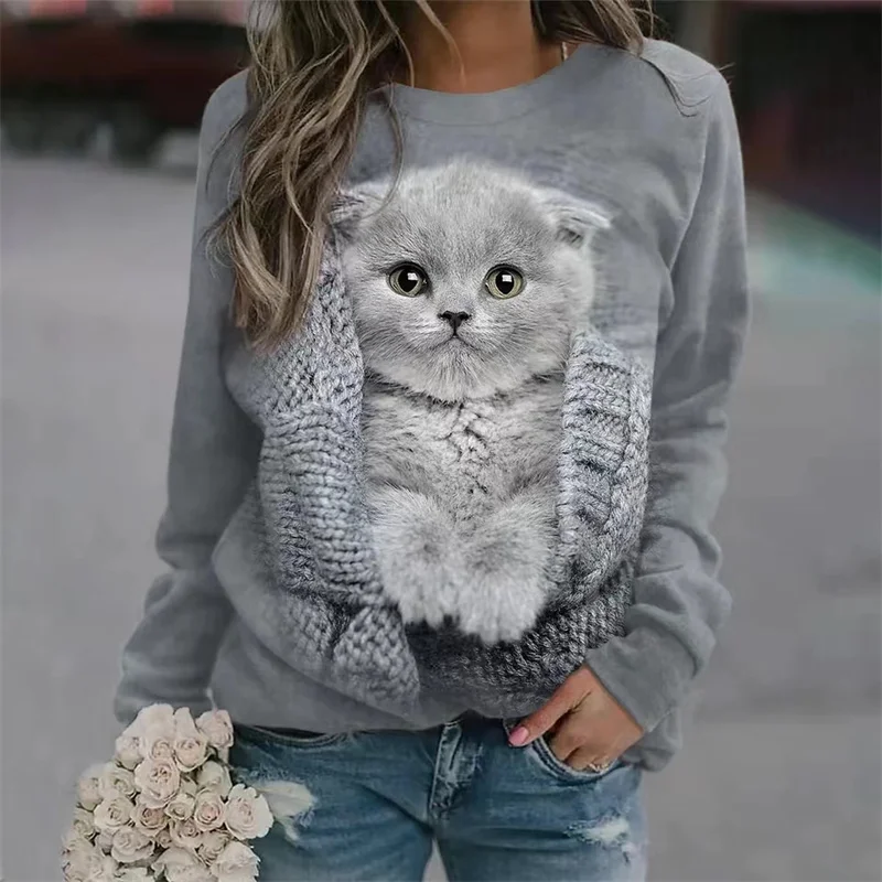 2023 Women’s Cute Kitten Series Fashionable, Comfortable and Soft Printed Large Size Round Neck Pullover Sweatshirt