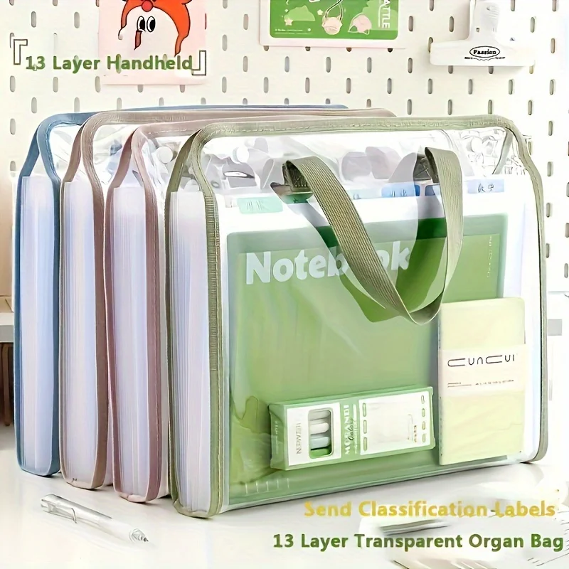 13-Pocket Expanding File Organizer - Durable PVC, Waterproof, Portable A4 Document Holder with Handheld Design