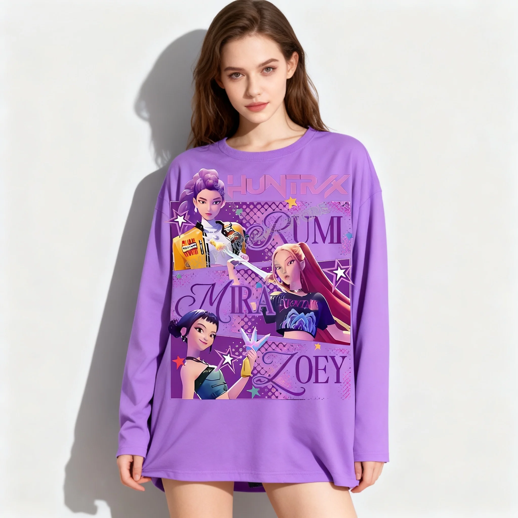 

Spring and Autumn Long Sleeved T-shirt KPOP Witch Hunting Team Purple Fashion Street Oversized Women Adult Children Same Style