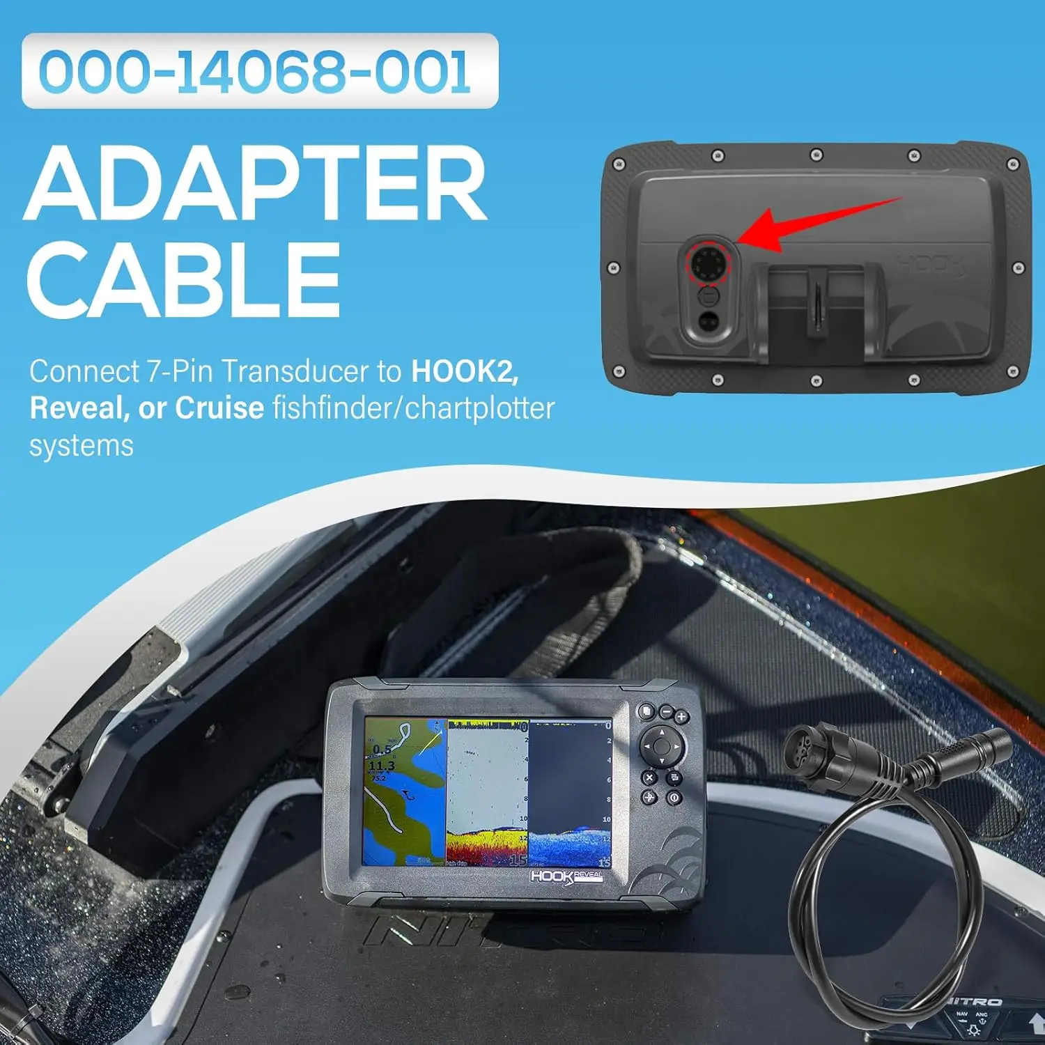 TM 000-14068-001 7-Pin Transducer to Fishfinder and Chartplotter Adapter Cable Fits for Lowrance Hook²/Reveal & Cruise