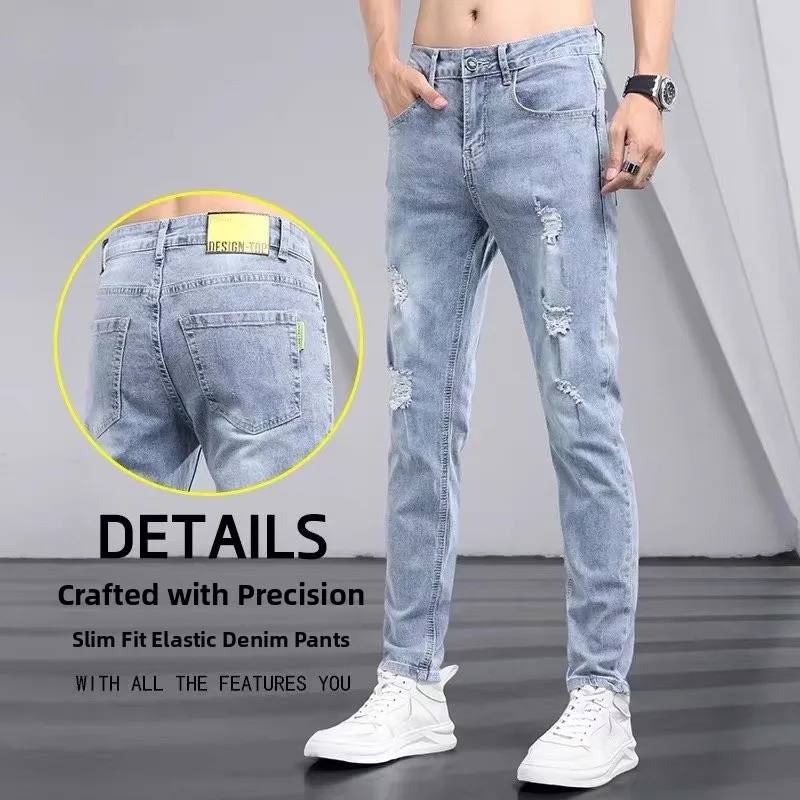 

Youth High-End Light Blue Men's Jeans Slim Fit Hole Punching Faionable Korean Sle Casual Long Pants Straight Leg Jeans