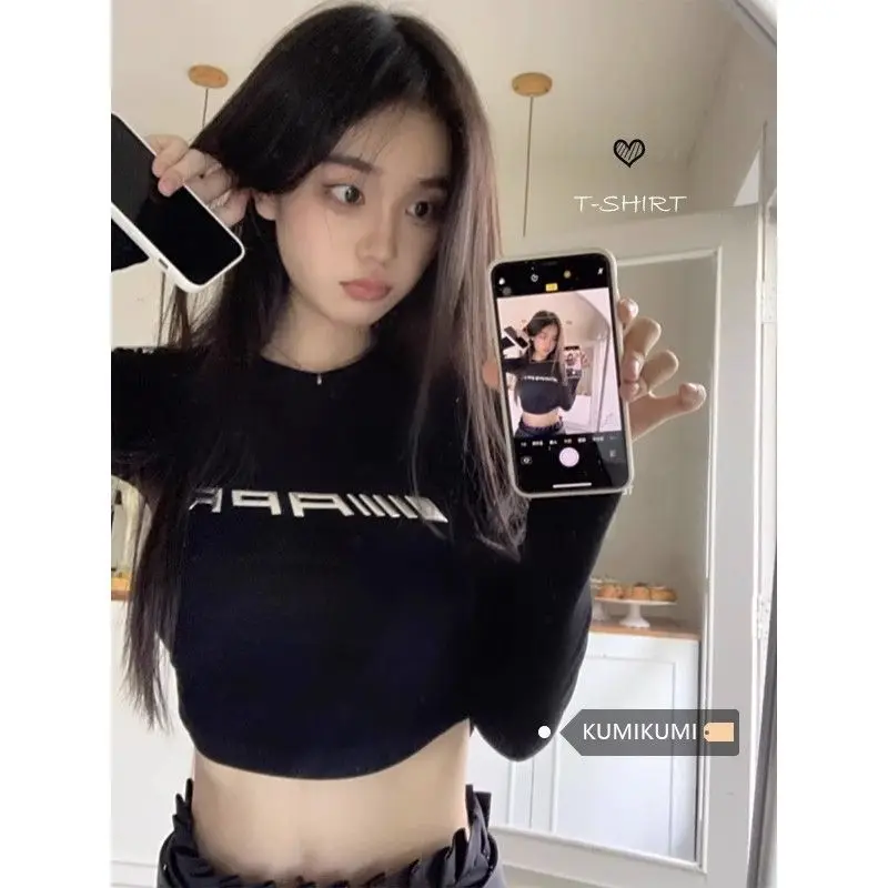 American hot girl design niche letter white long sleeve t-shirt women's spring slim fit cropped jazz dance top