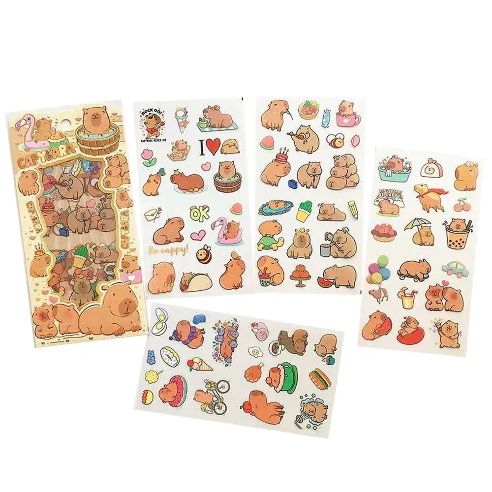 4Pcs/bag PET Capybara Sticker Stationery Waterproof Capybara Handbook Stickers Cartoon Scrapbooking DIY Decorative Stickers