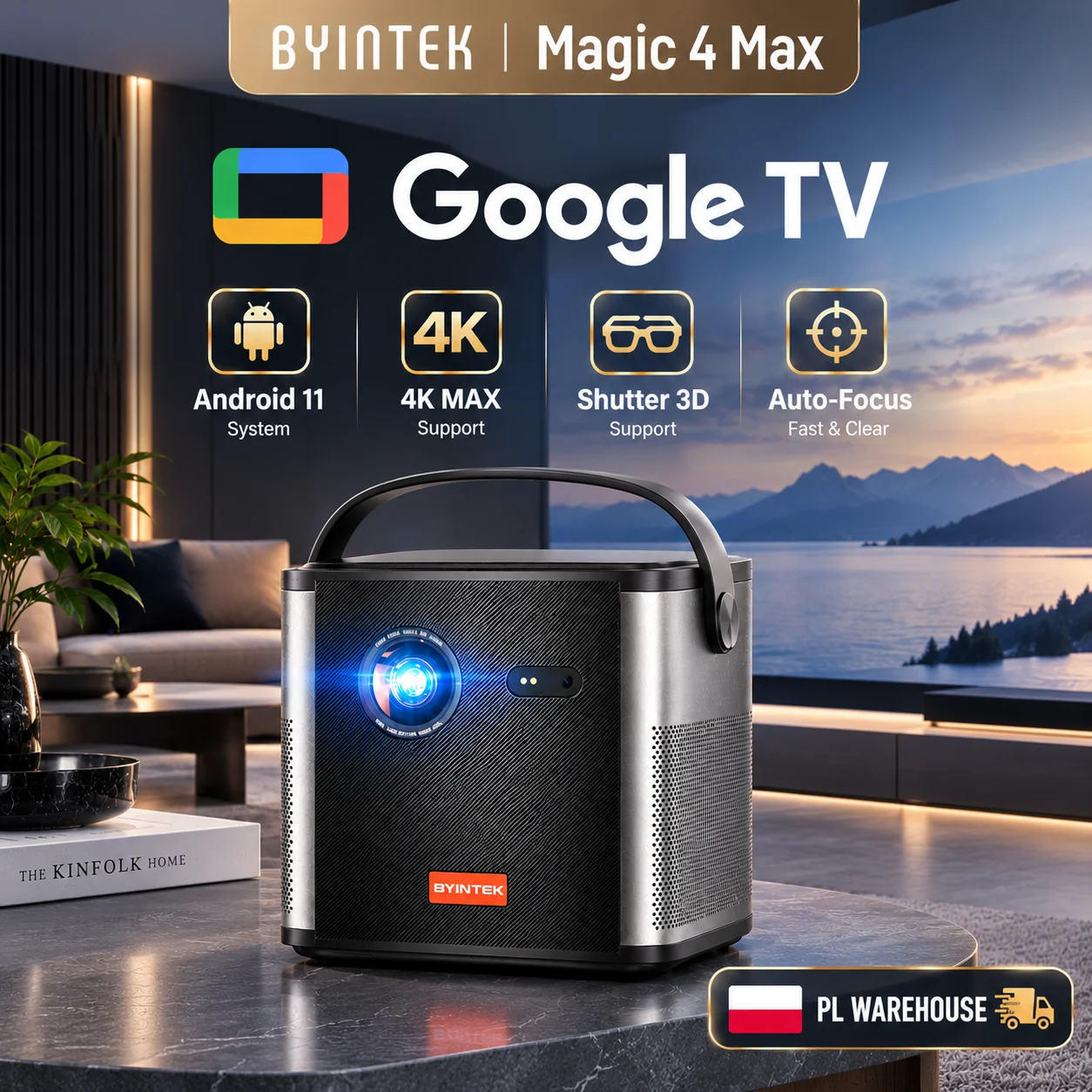 BYINTEK U80 Max BOOK 2 Proiettore DLP 2500ANSI GoogleTV 11 con messa a fuoco TOF, 3D, WiFi dual-band, Bluetooth 5.0, batteria integrata, Home Theater