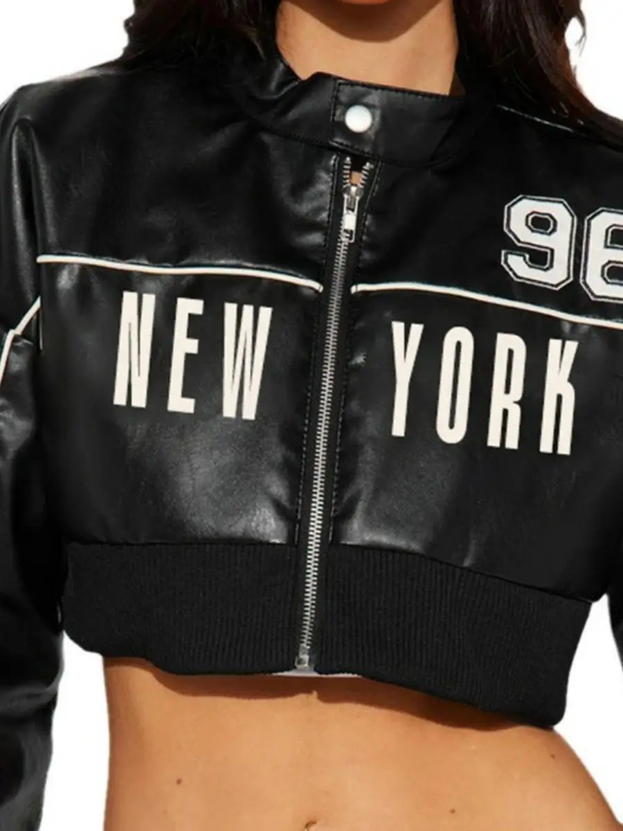 バイカースレオートPUレザージャケットカラーブロデジタルプリントファション春秋レディースコートメサボウブランドルーズフィット