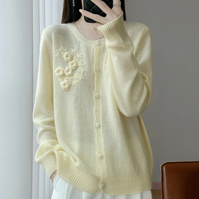 Cardigan in pura lana 100% all'uncinetto tridimensionale autunno e inverno Maglione girocollo da donna Top in maglia calda