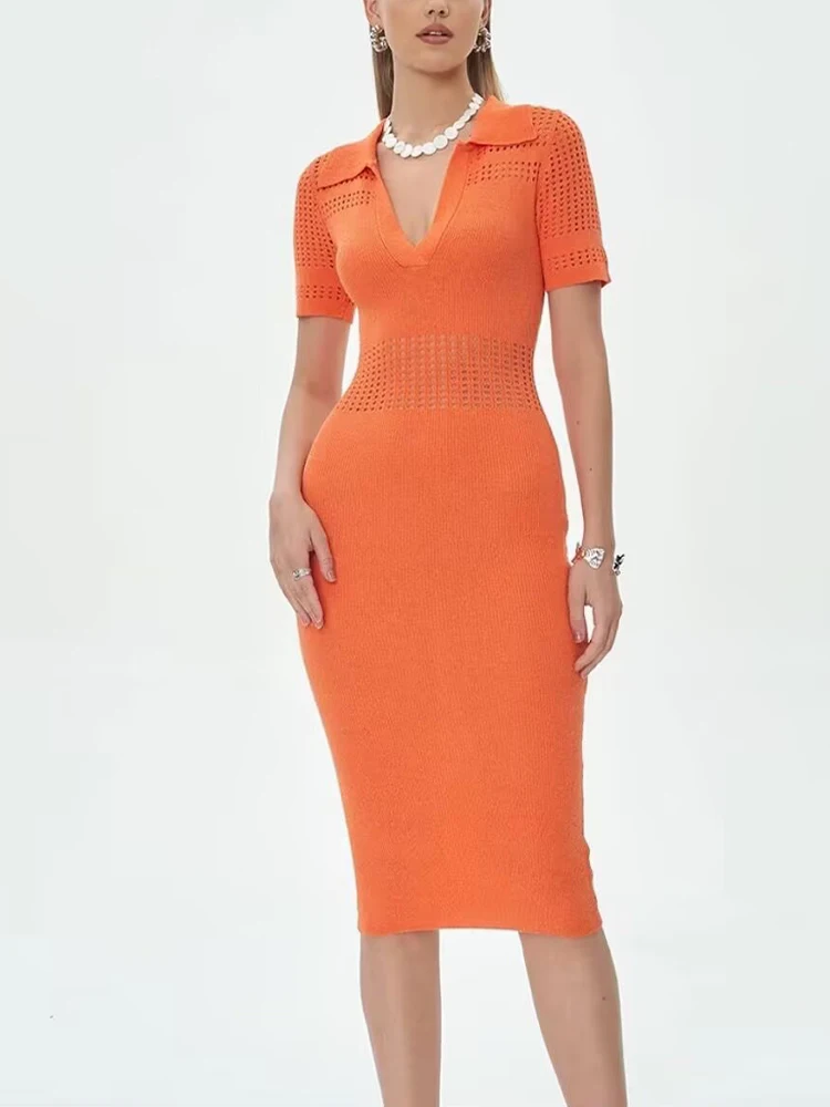 

European and American style summer new women's clothing lapel jacquard hollow hip skirt knitted high waist slim dress