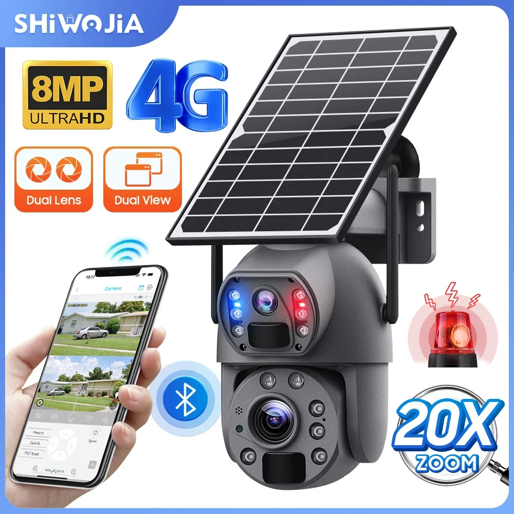 SHIWOJIA Solar Camera 4G Sim 4k 8MP 20X Zoom Dual Lens Recording Humanoid Tracking Outdoor WIFI Camera Metal Waterproof