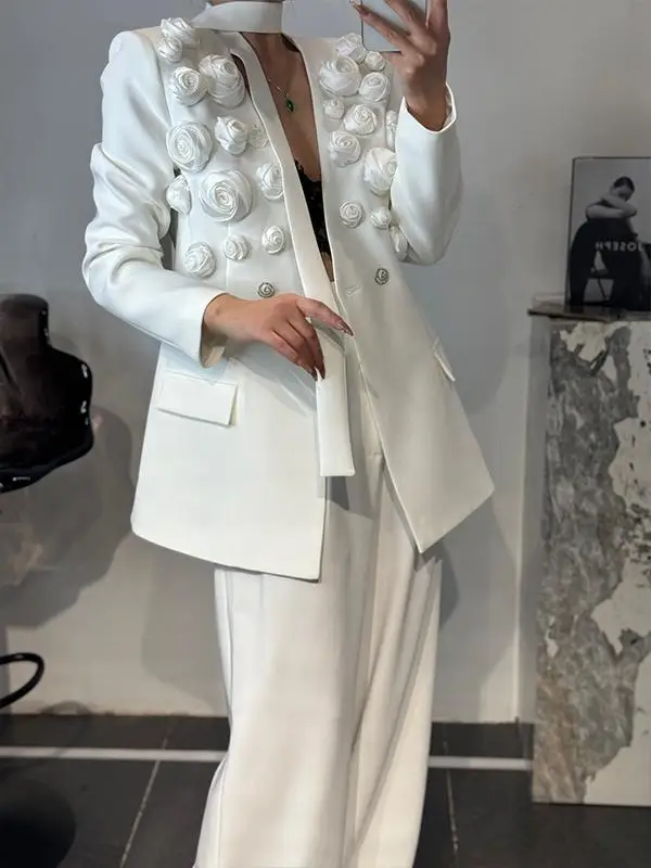 

Ele 2025 Spring New Sle Women's Suit Set with Sa Wide Leg Pants 3D Flower Pattern Two-Piece Faionable Workwear
