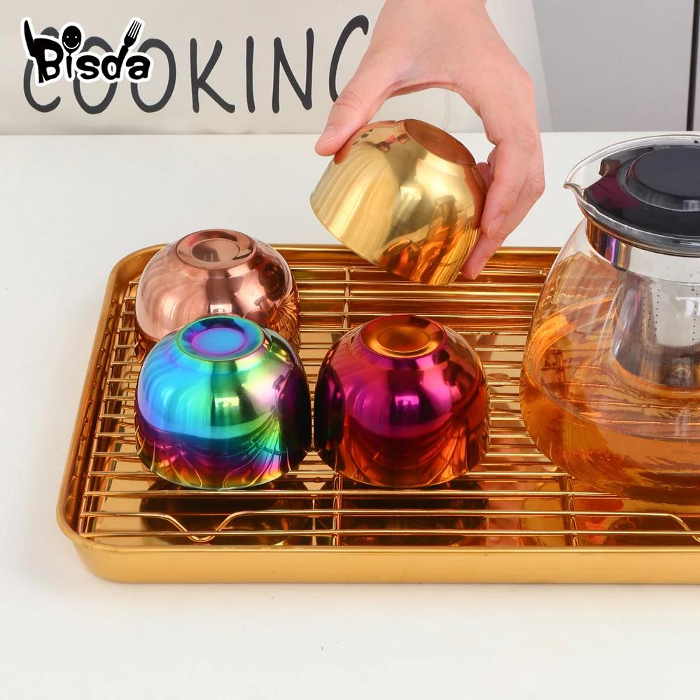 4/8PCS Tea Cup Stainliess steel Tea Cup Sets With Tray And Removable Holder Gold Mug Double Layer Anti-Scalding Cups Teaware