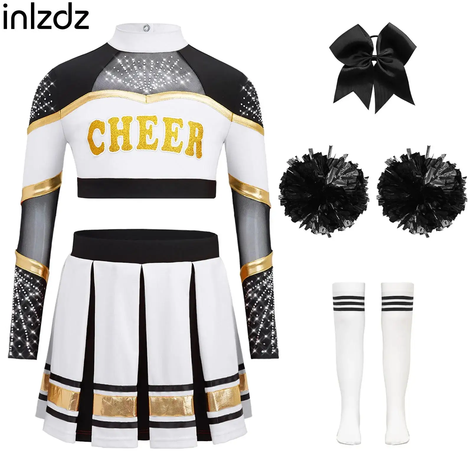 

Children Girls Cheerleading Uniform Long Sleeve Sheer Mesh Rhinestones Crop Top+Pleated Skirt+Accessories Outfit for Performance