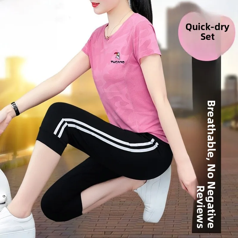 Conjunto de Roupas Esportivas TUCANO Ice Silk Qui Dry para Mulheres, Conjunto de Verão Casual com Calças, Tamanho Grande, Roupas Esportivas Femininas