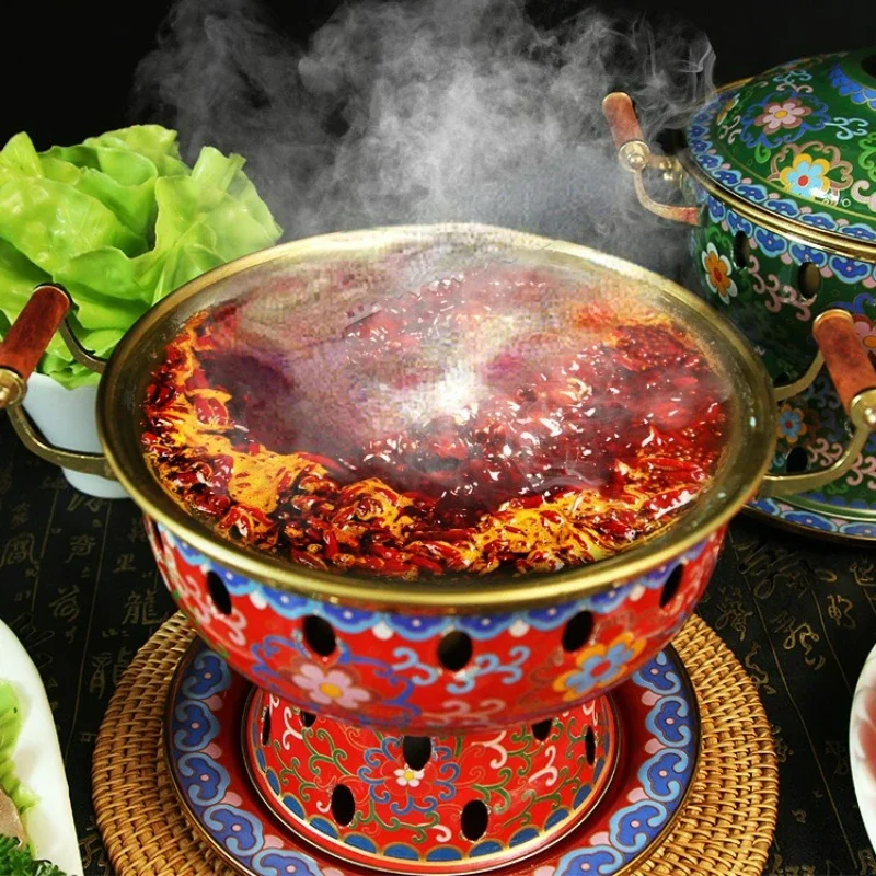 Ollas calientes Shabu Shabu, utensilios de cocina, olla esmaltada cloisonné, olla de cocina antigua de Beijing, utensilios de cocina, plato de frotamiento