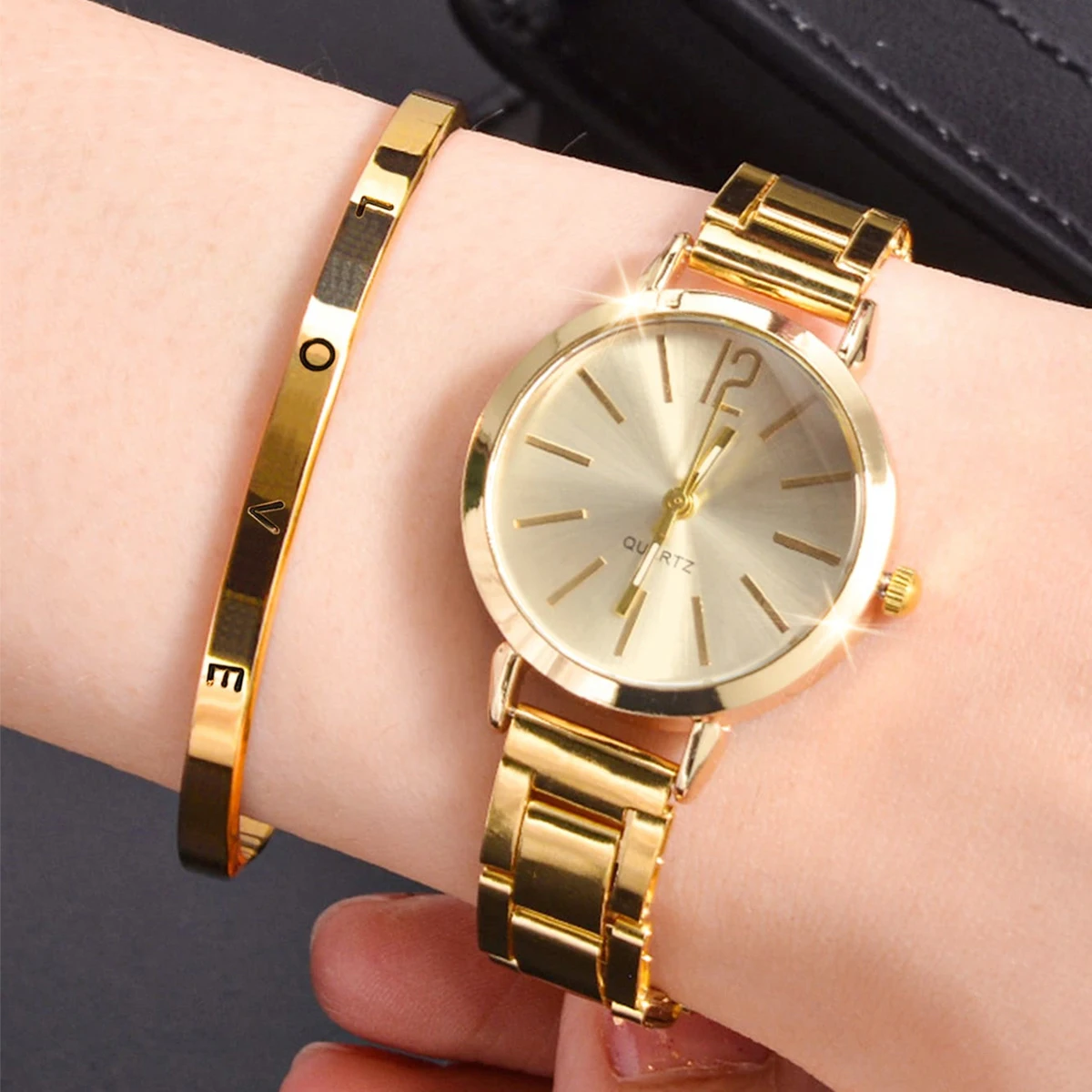 2pcs Set Watch Luxury Women Simple Dial Hollow Strap Fashion Gold Bracelet Quartz Wristwatch Student Ladies Watches Reloj Mujer