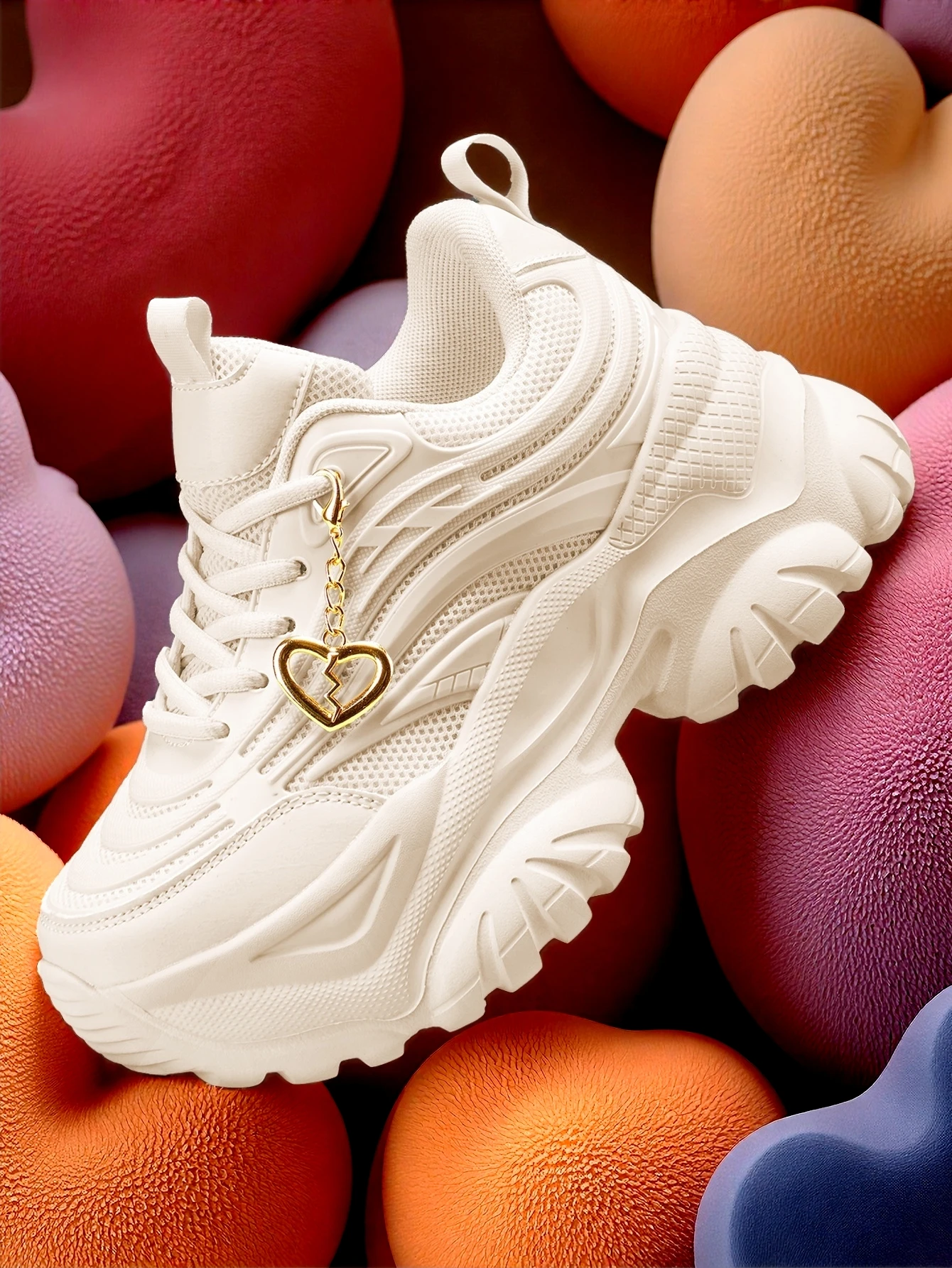 Women's EVA lightweight thick-soled vulcanized shoes, outdoor all-season style, 7CM height increase, beige sneakers, Y2K sweet and cool style, with detachable gold heart decoration