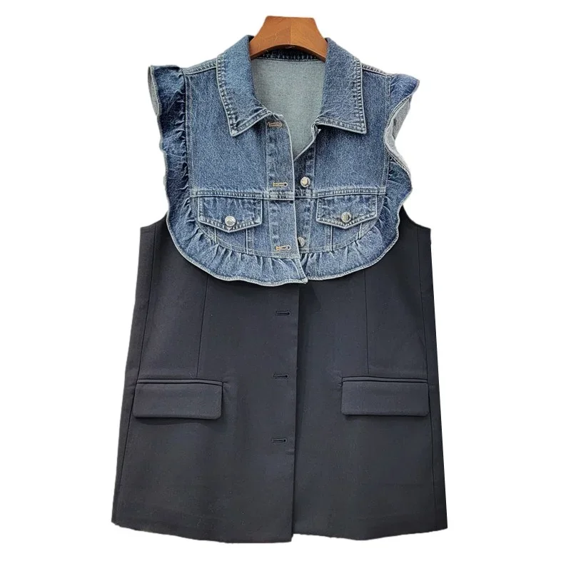 Women Fake Two-piece Ruffle Stitching Cowboy Vest Spring Casual Lapel Single-breasted Sleeveless Denim Jacket Female Waistcoat