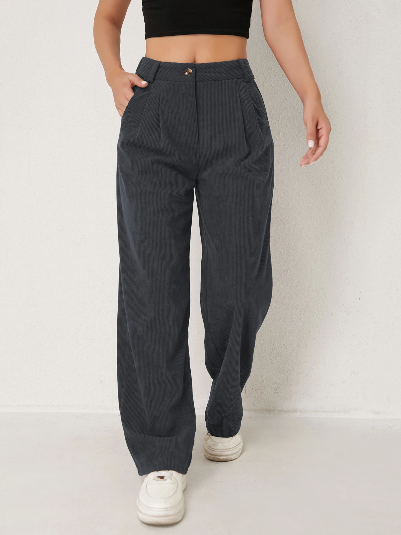 Neue Herbst- und Winter-Freizeitanzüge für Damen in Unifarben aus Cord mit weitem Bein und geraden, samtartigen Hosen, die schlank aussehen – Detail 7