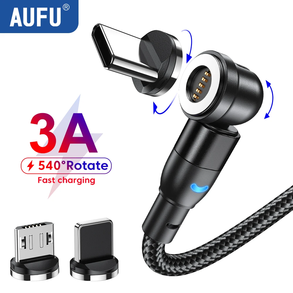 AUFU 540 회전 마그네틱 케이블 3A 고속 충전 마이크로 USB C 타입 케이블, 아이폰 샤오미 삼성 자석 충전기 와이어 데이터 코드