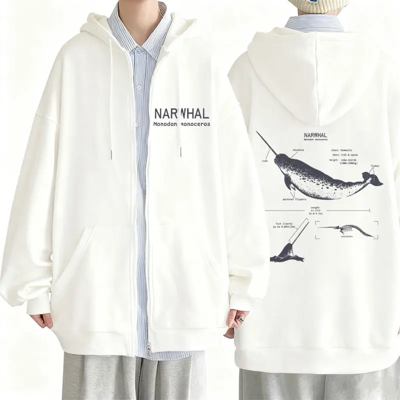 

Marine Animals Narwhal Anatomy Graphic Zipper Hoodie Men Women Casual Oversized Zip Up Jacket Men's Fashion Vintage Streetwear