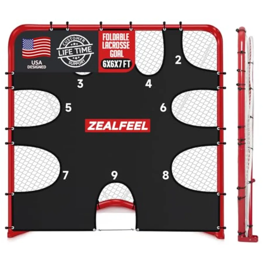 

Lacrosse Goal 6x6x7Ft for backyard shooting practice, heavy-duty steel frame tear-resistant black netting, foldable design with